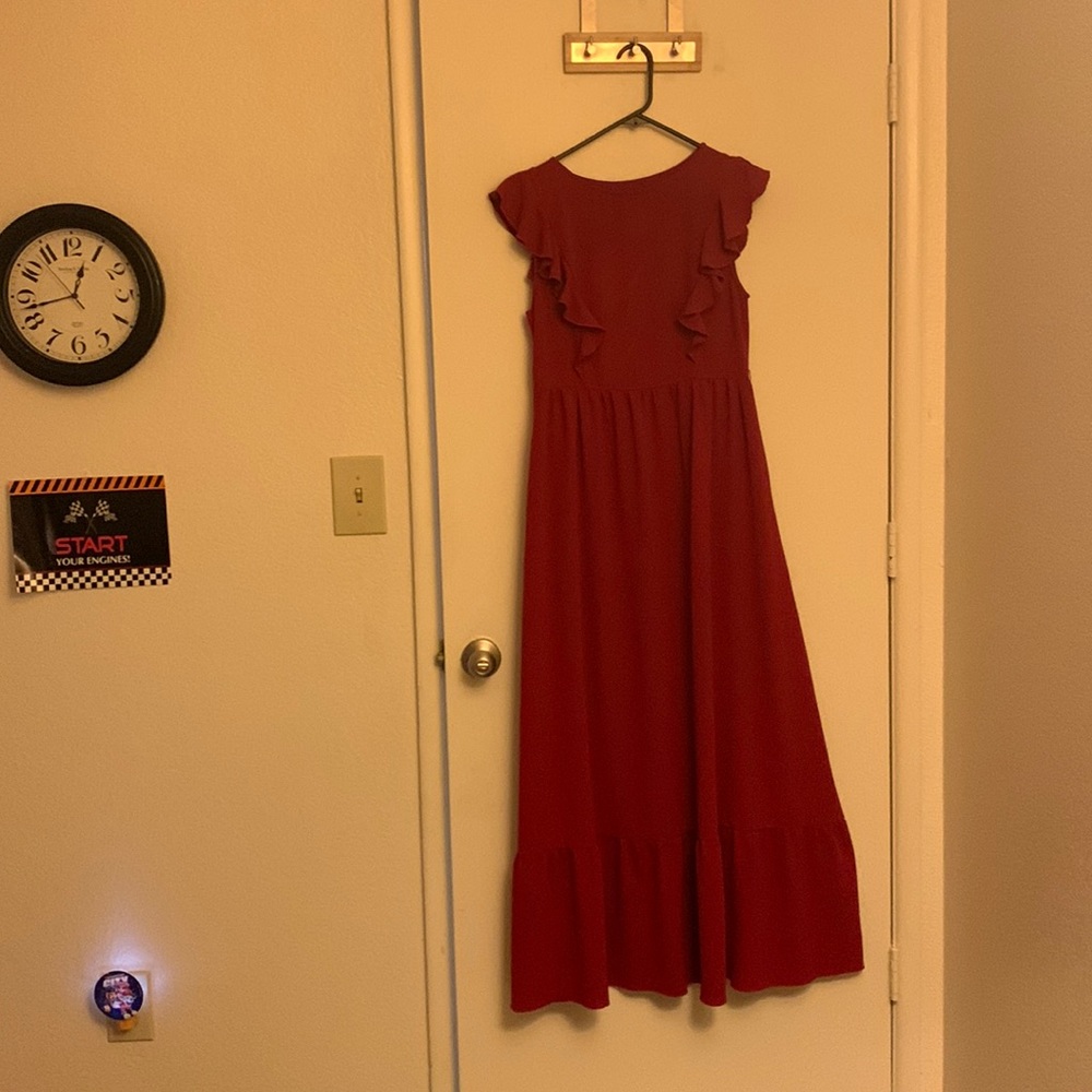 Red floor length bridesmaids dress